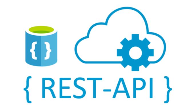Illustrazione con la scritta REST-API, un simbolo di database e una nuvola con un ingranaggio, che rappresenta lo scambio dati fra sistemi