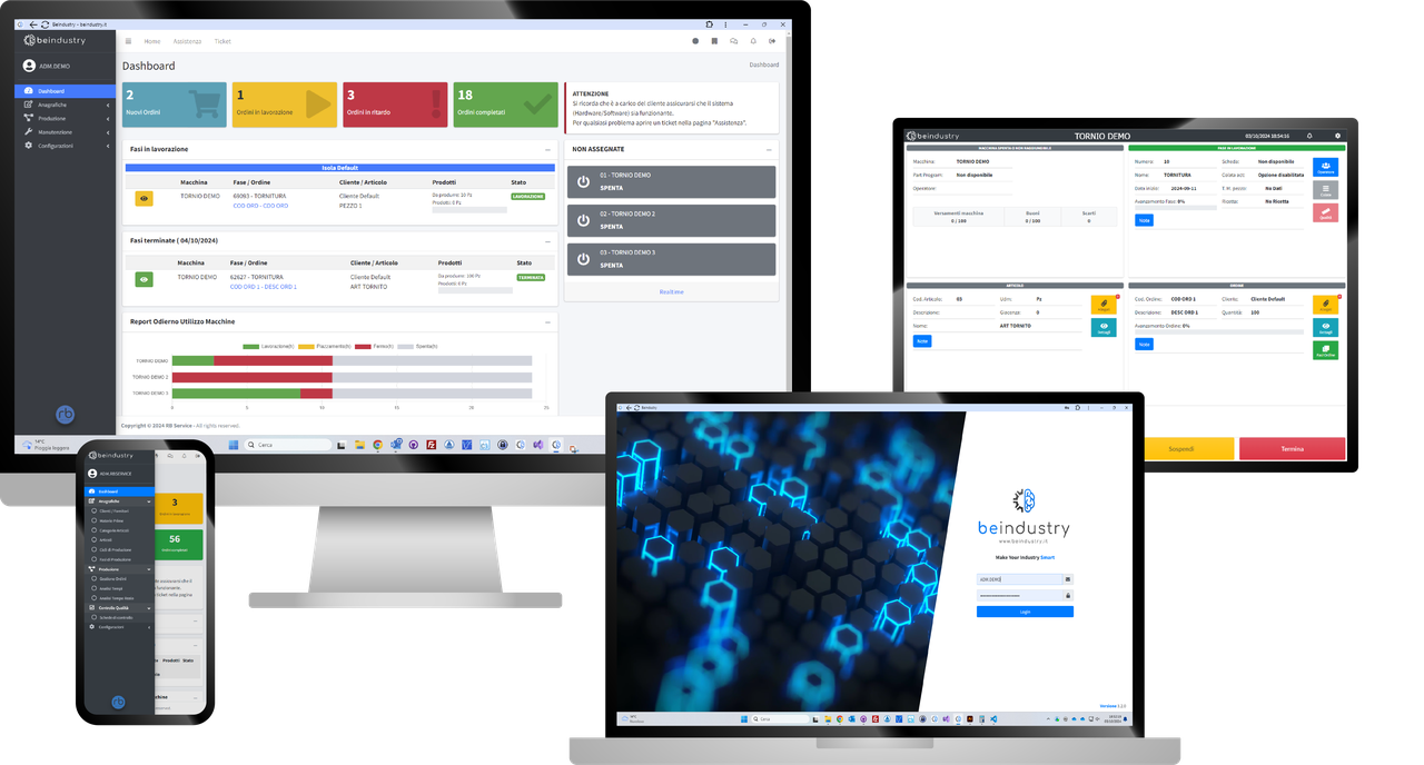 Il MES BeIndustry su pi&ugrave; dispositivi: la dashboard di produzione sul monitor dell&rsquo;ufficio, l&rsquo;interfaccia a bordo macchina su un pannello, l&rsquo;accesso dal portatile e dallo smartphone