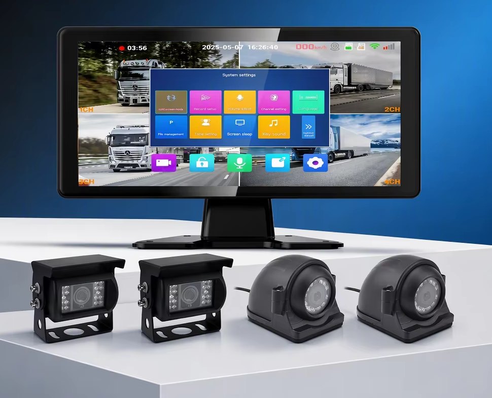 Il kit RBH4CH: monitor da 10,36 pollici a quattro riquadri e le quattro telecamere che lo compongono