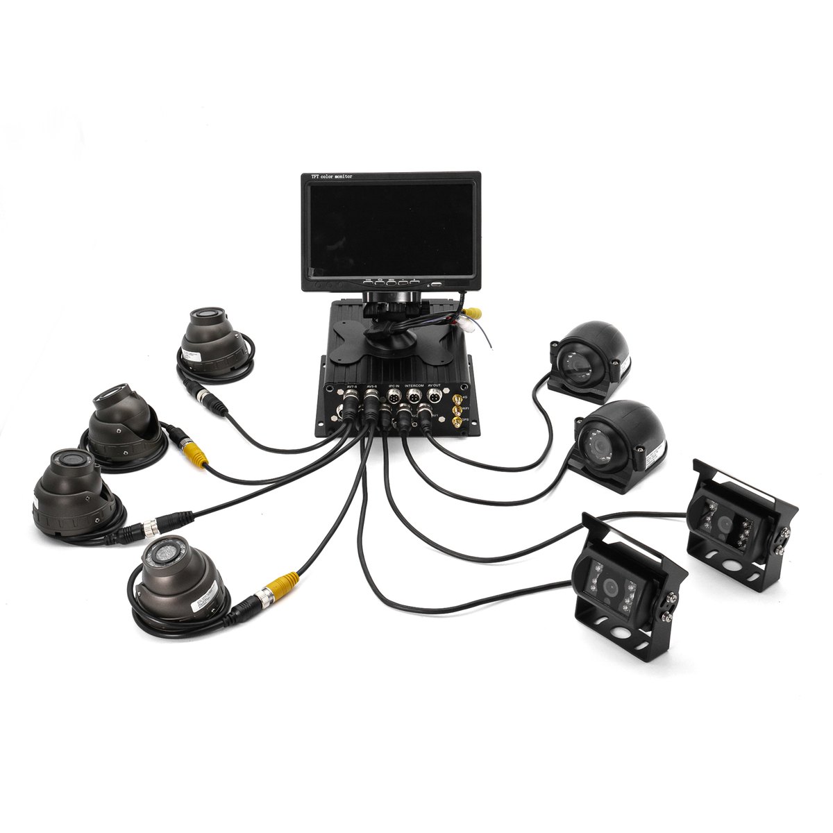 Il kit RH108 completo: registratore a otto canali al centro, display, sei telecamere orientabili e due a staffa, con tutta la cavetteria